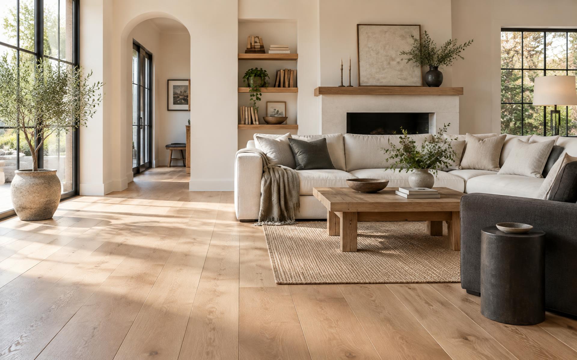 Warm, light-filled living room with wide-plank wood flooring